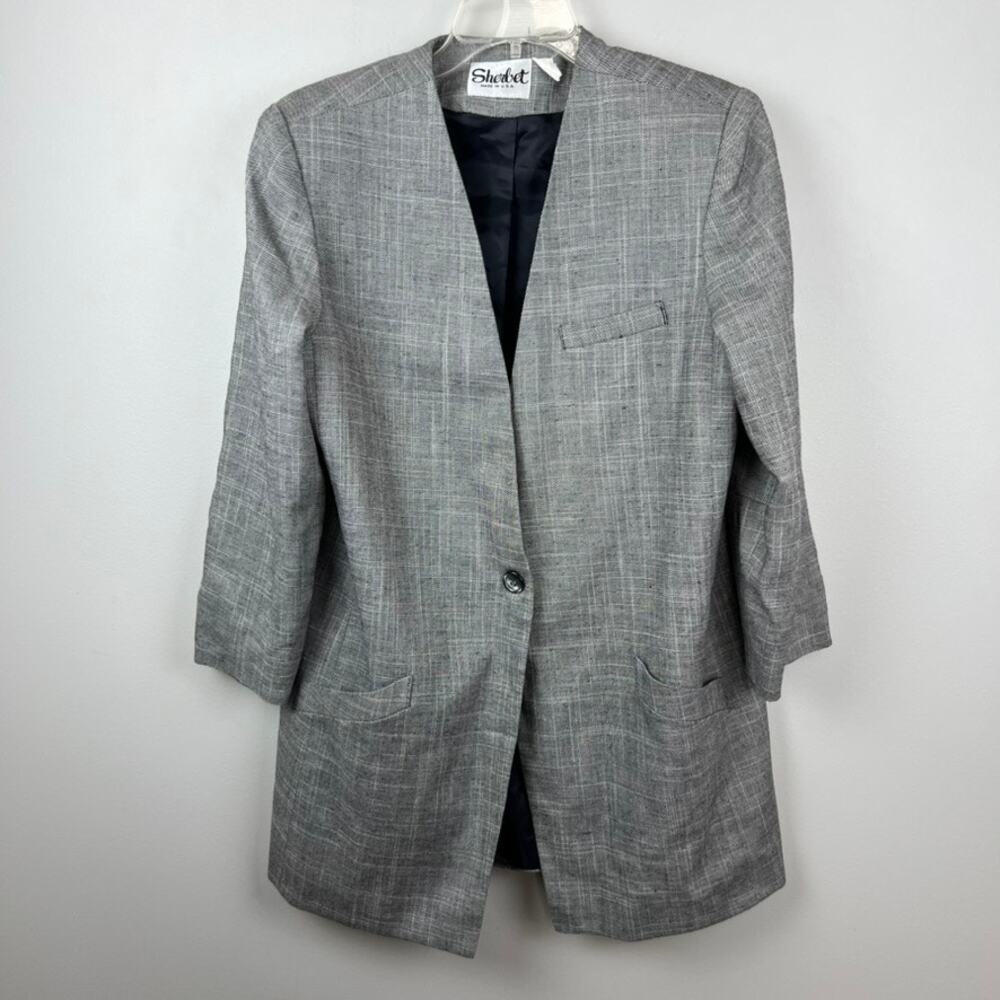 Vintage Sherbet Gray Silk Plaid Collarless Blazer Jacket